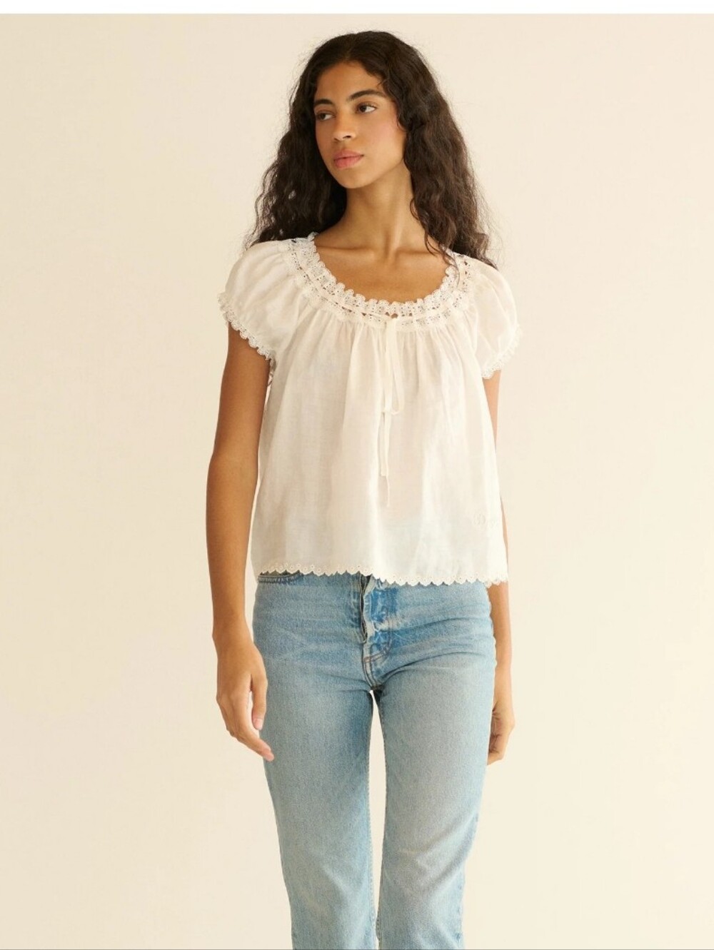 Women's White Blouse - DÔEN Marinette Vintage Inspired Peasant Embroidery Size M - Picture 3 of 13